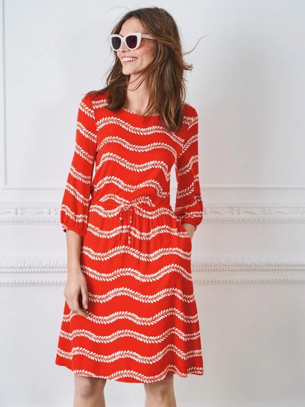 Boden Talia Jersey Dress 8L 8 Long Red Midi Dress White Leaf Stripe 3/4 Sleeve